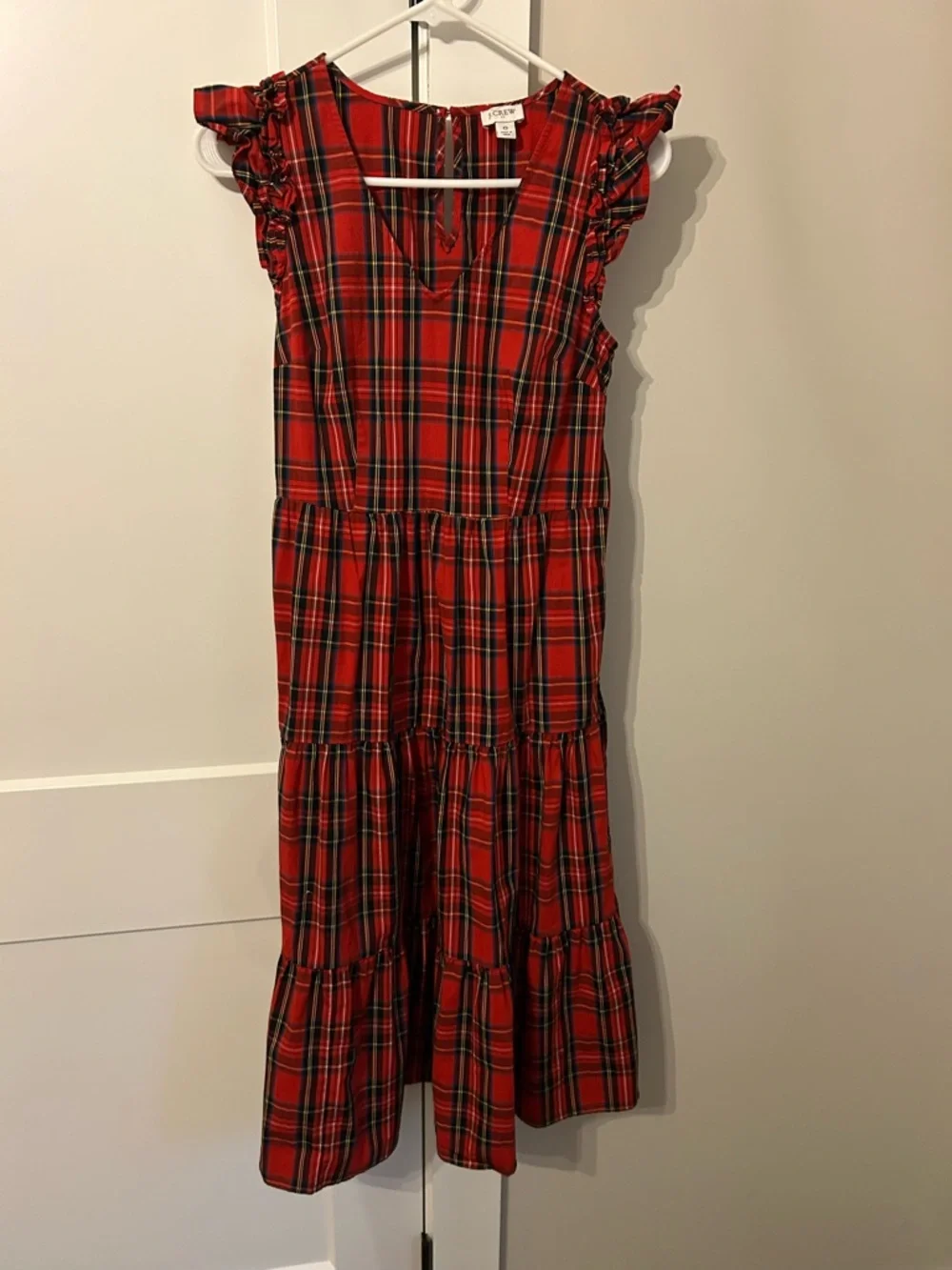 J. Crew Red Plaid Ruffle-Sleeve Tiered Midi Dress - Picture 2 of 11